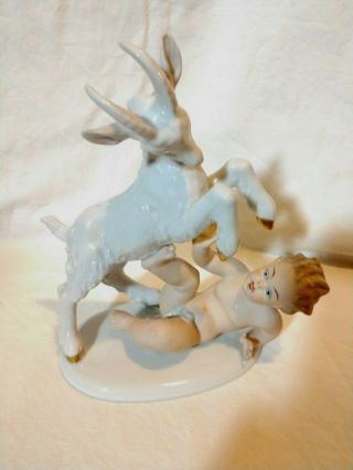 Porcelain Nude Boy Figurine With Ram Goat Wallendorf 1764 " Vgc " 8 " Signed