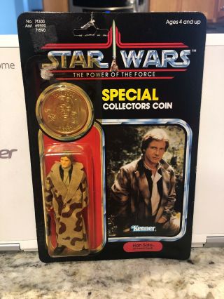 Vintage 1984 Kenner Star Wars Potf Han Solo Trench Coat Carded Moc Coin