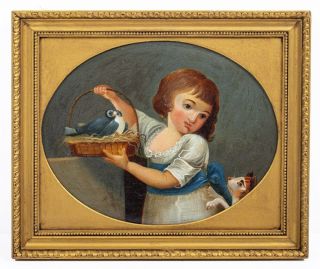 19thc Antique Oil Portrait Painting Of A Little Girl With Her Birds & Cat