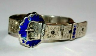 Rare Antique Victorian Solid Silver Engraved & Blue Enamel Belt Bracelet.  Buckle