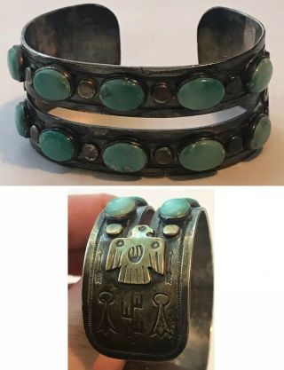 Vintage Navajo Stamped Sterling Silver & Turquoise Thunderbird Cuff Bracelet