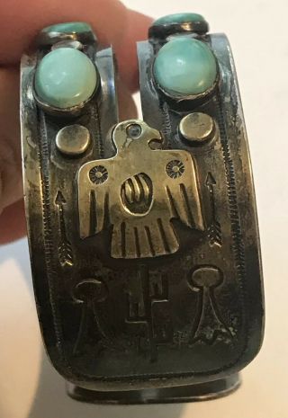 Vintage NAVAJO Stamped Sterling Silver & Turquoise THUNDERBIRD Cuff Bracelet 8