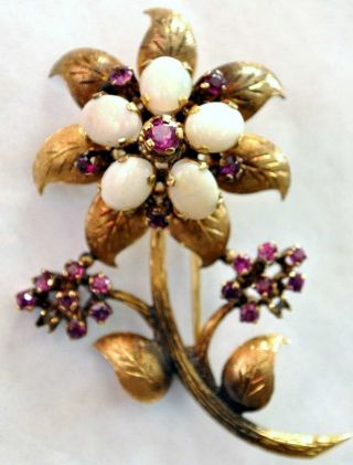 Antique Victorian 14k Solid Gold,  Natural Opal And Ruby Pin/brooch 57mmx33mm