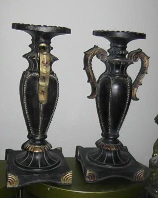 Vintage 2 Pc Set Pillar Greek Roman Vase Ancient Style Brown Brass Candle Holder 2