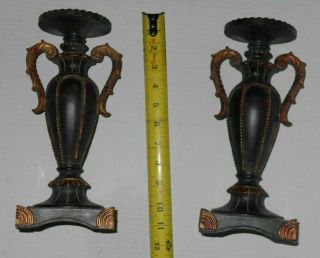 Vintage 2 Pc Set Pillar Greek Roman Vase Ancient Style Brown Brass Candle Holder 3