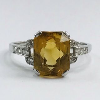 Antique Platinum Emerald Cut 4 Ctw Citrine & Diamond Ladies Cocktail Ring Size 7