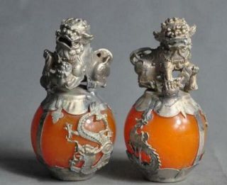 Collectable Hand - Carve Beeswax Armor Tibetan Silver Lion Statue A Pair