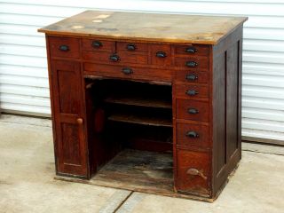 Antique Oak 14 Drawer Watchmakers Work Bench desk with Drawer trays dividers 2