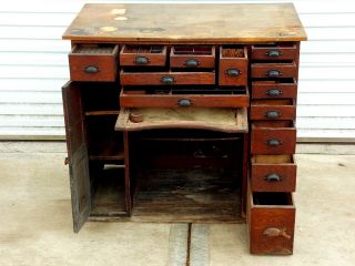 Antique Oak 14 Drawer Watchmakers Work Bench desk with Drawer trays dividers 4