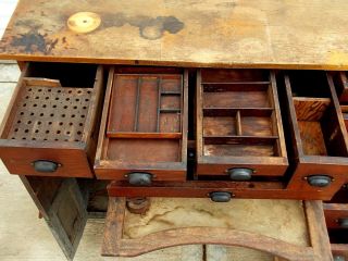 Antique Oak 14 Drawer Watchmakers Work Bench desk with Drawer trays dividers 5