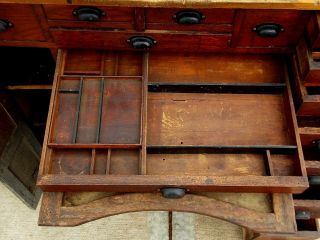 Antique Oak 14 Drawer Watchmakers Work Bench desk with Drawer trays dividers 6