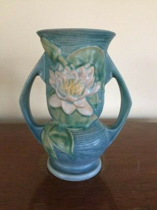 Roseville Pottery - Water Lily Double Handle Vase,  Blue