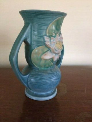 Roseville Pottery - Water Lily double handle vase,  blue 3