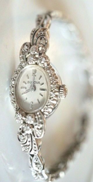 14k White Bulova Gold Diamond Vintage Wrist Watch & Band