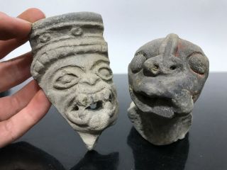 2pc Ancient Pre - Columbian Art Pottery Mayan Head Face Artifact Figure Fragments