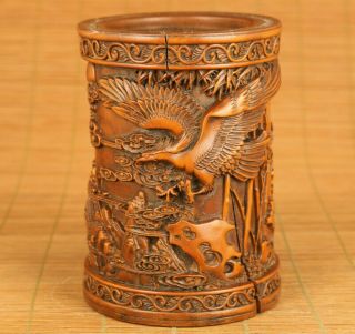 Rare Chinese Old Boxwood Hand Carving Eagle Statue Brush Pot Table Home Decorate
