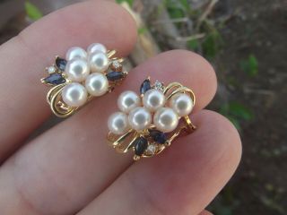 Vintage Estate Pearl Sapphire Diamond 14k Gold Omega Clip Earrings 5.  95gr 19mm