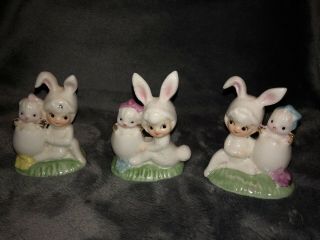 Vintage Relpo 3 Piece Set Porcelain Pixie Bunnies - Hard To Find