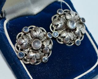 Fine Victorian Silver,  Moonstone & Sapphire Austro Hungarian Large Stud Earrings