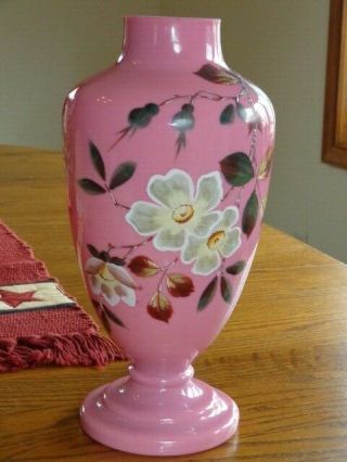 Antique Pink Cased Bristol Glass Enameled Victorian Handpainted Vase 5