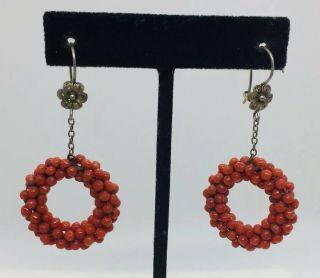 Antique Victorian Sterling Silver Flower Red Coral Beaded Dangle Earrings