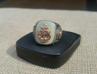 Vintage Us Navy Officers Insignia 14k On 925 Sterling Silver Gold Ring 8.  5