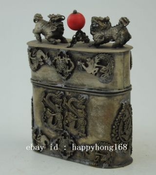 Chinese Old copper plating silver Dragon Phoenix Toothpick box a02 4