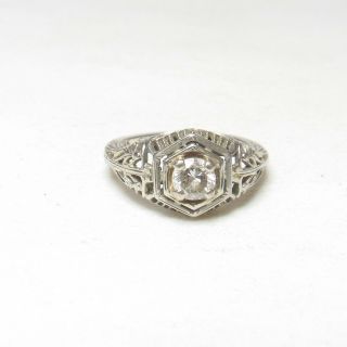1930s Vintage 18k White Gold 0.  30 Ct European Cut Diamond Filigree Ring