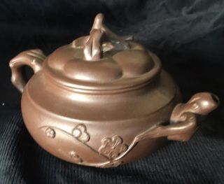 Antique Chinese Yixing Teapot With Branches And Two Seal Marks