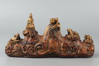 Chinese Exquisite Handmade Gourd Wood Copper Buddha Animal Penholder