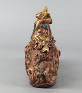 Chinese Exquisite Handmade gourd wood Copper Buddha animal penholder 3