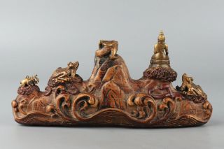 Chinese Exquisite Handmade gourd wood Copper Buddha animal penholder 4