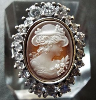 Large Vintage Sterling Silver Faux Diamond Paste Lady Cameo Ring 10