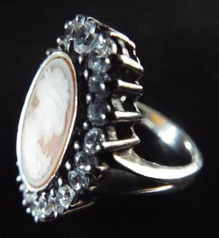 Large Vintage Sterling Silver Faux Diamond Paste Lady Cameo Ring 11
