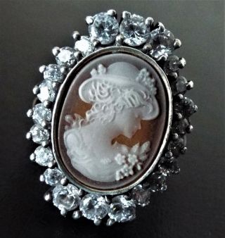 Large Vintage Sterling Silver Faux Diamond Paste Lady Cameo Ring
