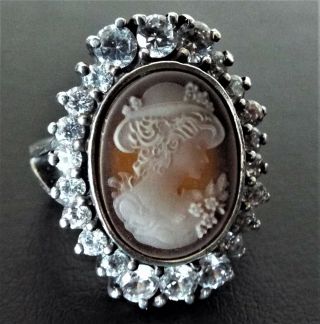 Large Vintage Sterling Silver Faux Diamond Paste Lady Cameo Ring 2