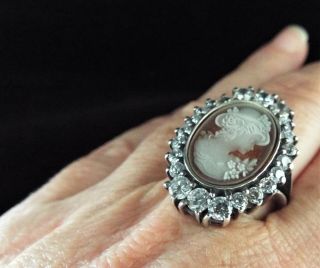 Large Vintage Sterling Silver Faux Diamond Paste Lady Cameo Ring 3
