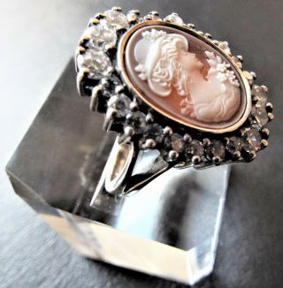 Large Vintage Sterling Silver Faux Diamond Paste Lady Cameo Ring 4