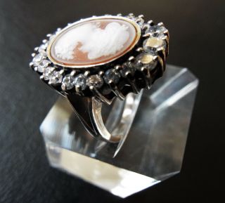Large Vintage Sterling Silver Faux Diamond Paste Lady Cameo Ring 6