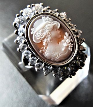Large Vintage Sterling Silver Faux Diamond Paste Lady Cameo Ring 7