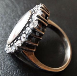 Large Vintage Sterling Silver Faux Diamond Paste Lady Cameo Ring 8