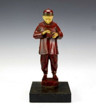 Antique Jb Hirsch Red Chinese Man With Bowl Painted Metal Figurine Bookend Dfc