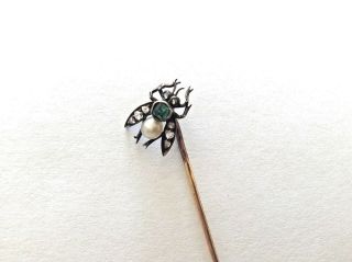 Antique Victorian14k,  Silver Stick Pin Of Bug Insect W/pearl,  Diamonds,  Emerald