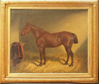 Large 19th Century Bay Horse In A Stable Equestrian Antique Oil Painting Signed