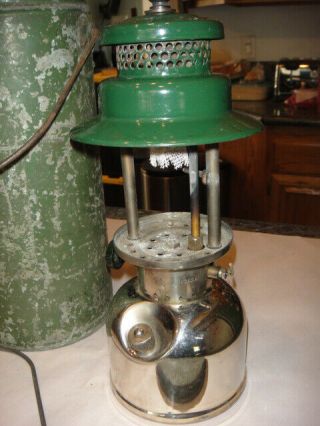VINTAGE 1930 ' S COLEMAN 242A LANTERN CHROME/GREEN WITH BAIL AND STORAGE CAN 2