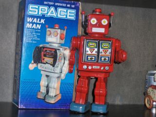 Vintage Red China Red Robot Tin B/o Toy W/ Sounds,  Lights,  Rotating Body,  No Res