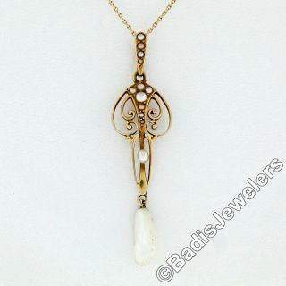 Antique Krementz 14k Yellow Gold Seed & Large Pearl Dangle Open Lavalier Pendant