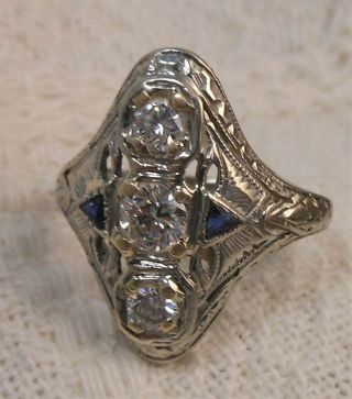 Fine Antique Art Deco 18k,  Diamond & Sapphire Ring 3 Diamonds.  25cts Each,  Vs1