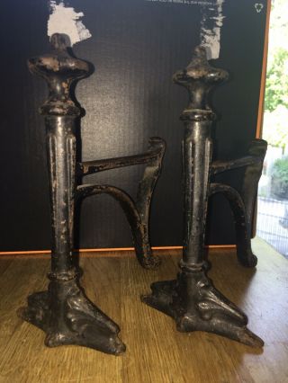 A Large / Heavy Vintage English,  Cast Iron,  Figural Fire Dogs / Andirons