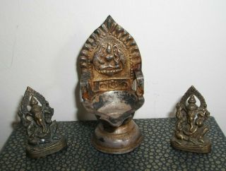 2 Antique Fine Bronze Miniatures Of Ganesh & A White Metal Pouring Chair